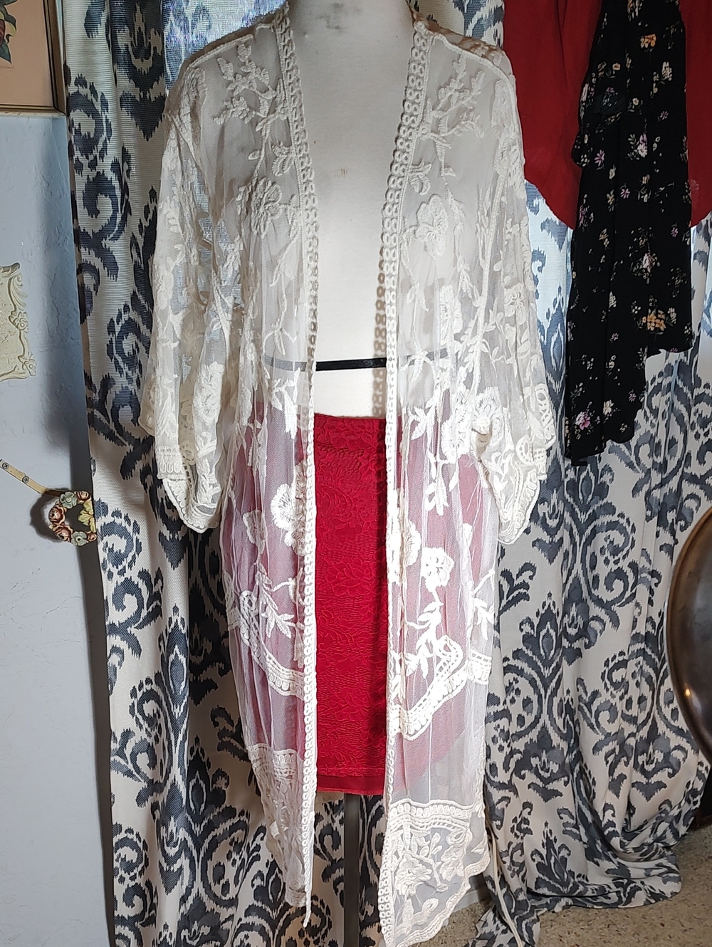 Ivory Sheer Floral Embroidered Kimono Cover-Up